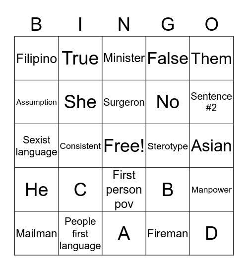 Avoiding Biased Language Bingo Card