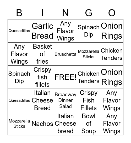 Appetizer Bingo Card