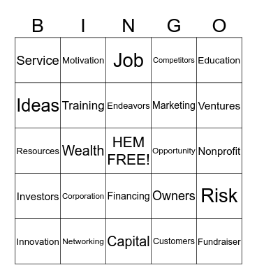 Hopewell Entrepreneurs Ministry Bingo Card