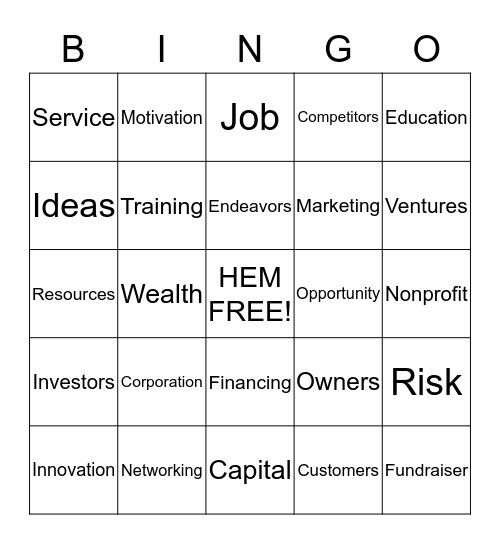 Hopewell Entrepreneurs Ministry Bingo Card