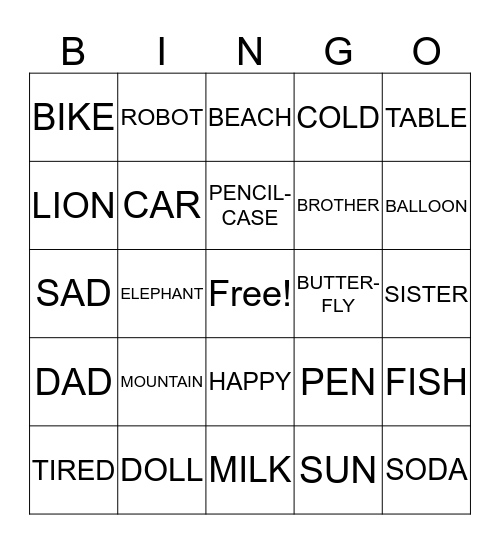 First grade Bingo Card