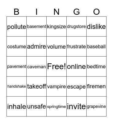 2 syllable closed + v-e Bingo Card