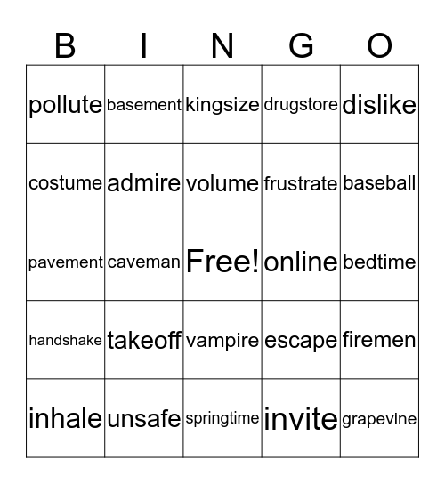 2 syllable closed + v-e Bingo Card