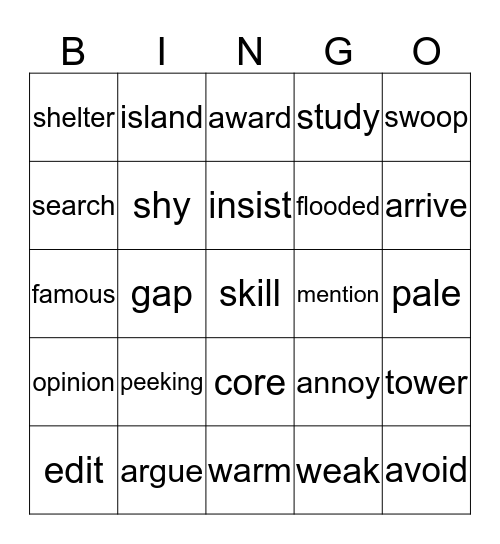 Unit One Vocabulary Bingo Card
