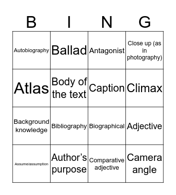 vocabulary bingo Card