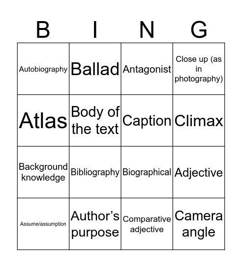 vocabulary bingo Card