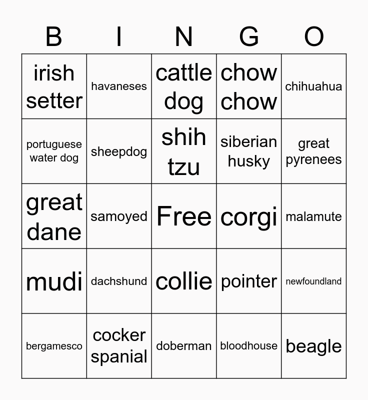 Dog Types Bingo Card