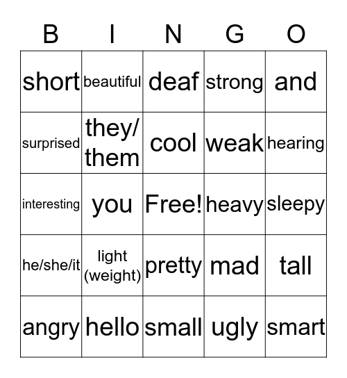 pronoun/adjective Bingo Card