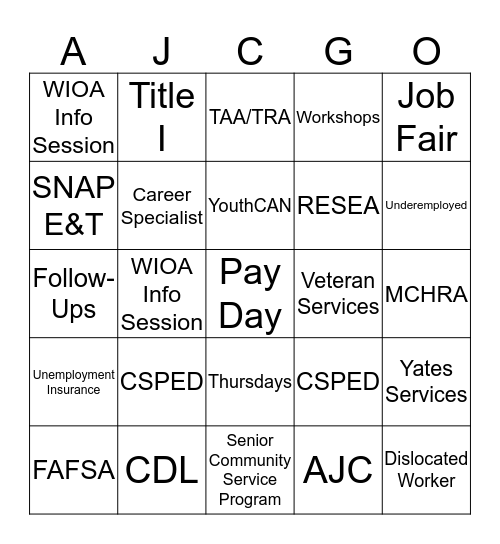 American Job Center Bingo Card