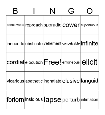 Gatsby Vocabulary Bingo Card