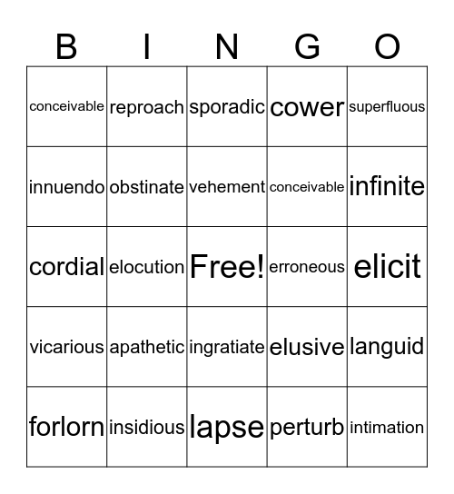 Gatsby Vocabulary Bingo Card