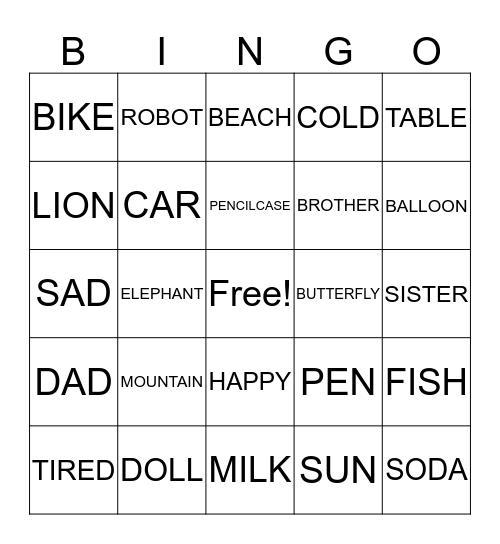 First grade Bingo Card