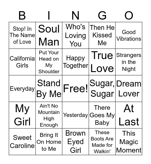 Jukebox Bingo 50's/60's Song List Bingo Card