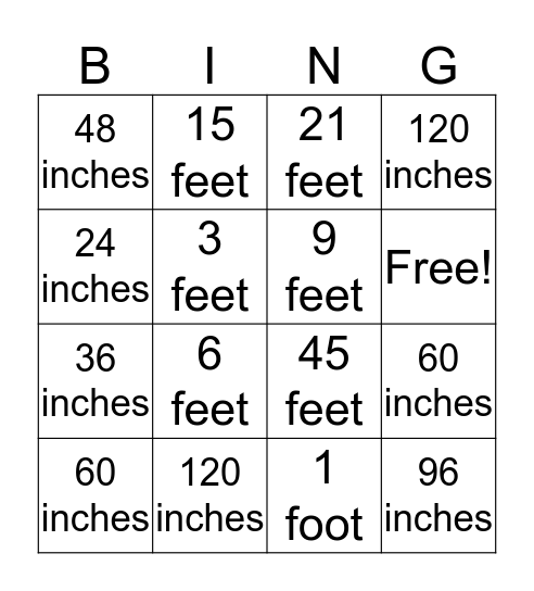 Customary Units of Length Bingo Card