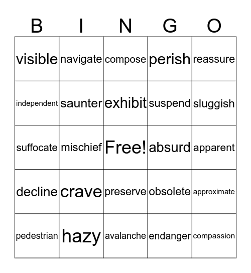 5th Grade Vocabulary Bingo Card