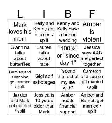 Love is Blind Finale Bingo Card