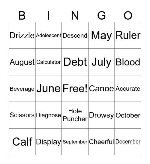 WORDS IN CLASS!! Bingo Card