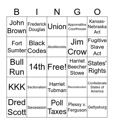 Civil War  Bingo Card