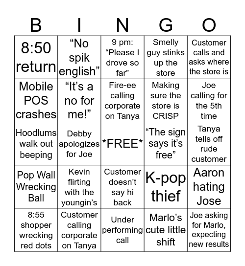 Bingo - F.Y.E. Antics Edition Bingo Card