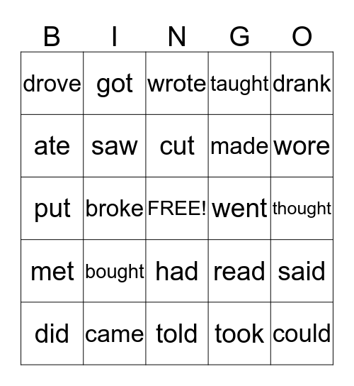 Past tense bingo Card