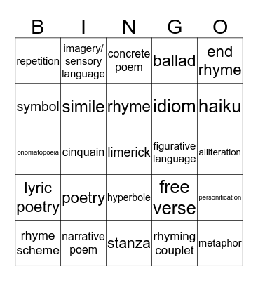 Poetry Bingo Card