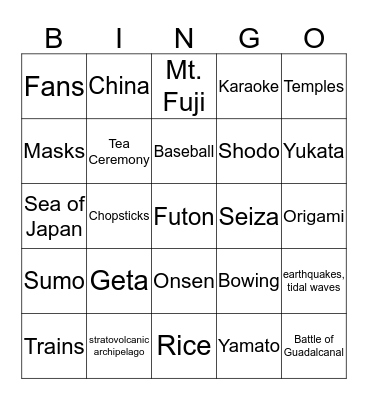 Japan Cultures Bingo Card