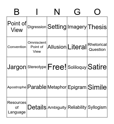 Literary Bingo~Card 3 Bingo Card