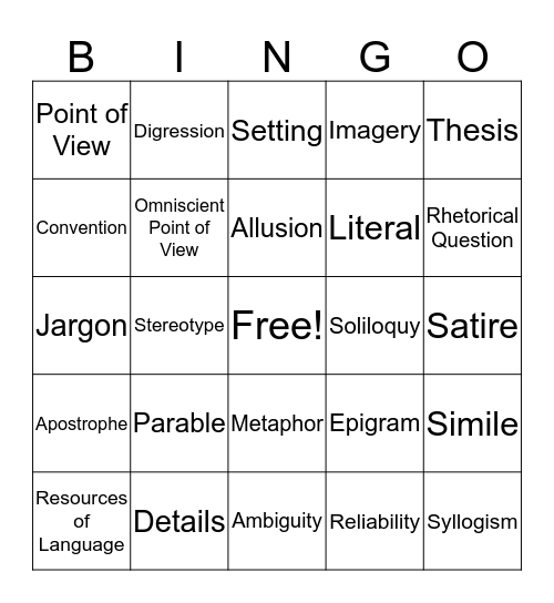 Literary Bingo~Card 3 Bingo Card