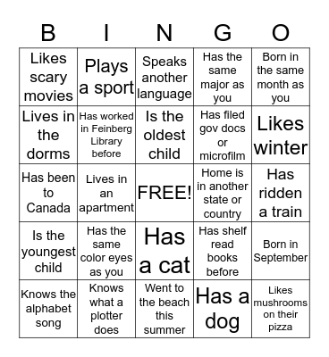 GET TO KNOW YOU AT FEINBERG LIBRARY Bingo Card