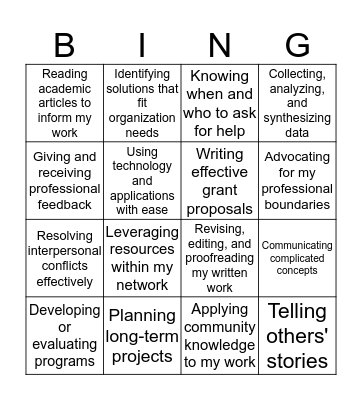 VISTA Skills Bingo Card