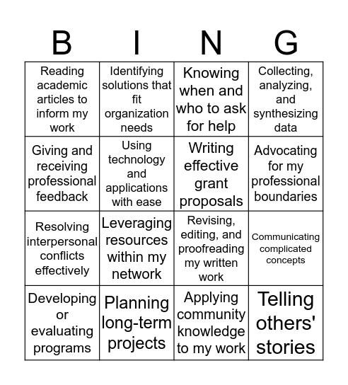 VISTA Skills Bingo Card