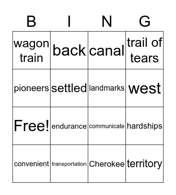 Moving West  Bingo Card