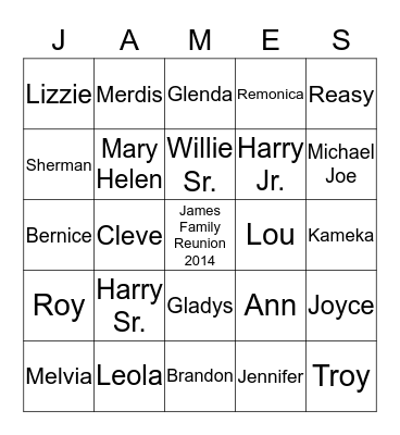 James Family Bingo Card