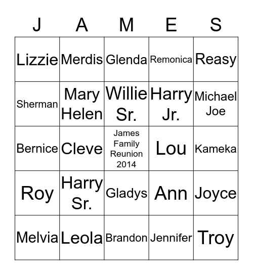 James Family Bingo Card