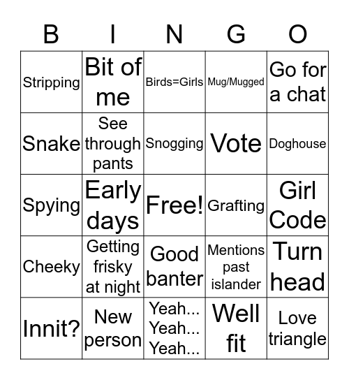 Love Island Bingo Card