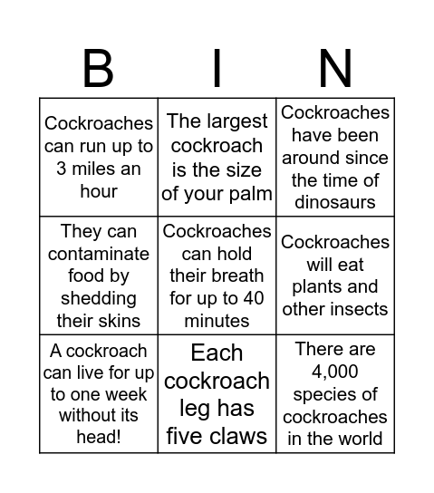 Cockroach Bingo Card