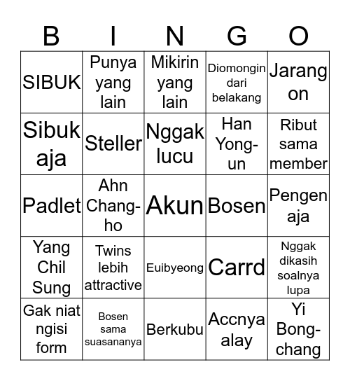 Yohan's ganteng muah muah menang!  Bingo Card