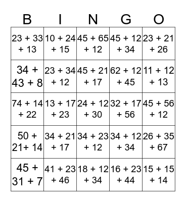 Sumando 3 Numeros de Dos Digitos  Bingo Card