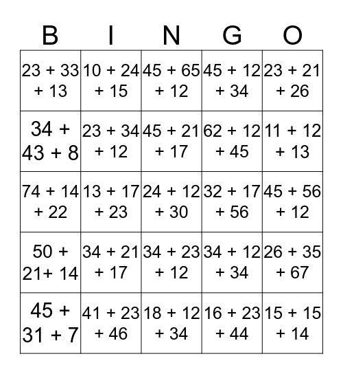 Sumando 3 Numeros de Dos Digitos  Bingo Card
