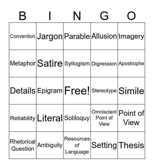 Literary Bingo~Card 3 Bingo Card
