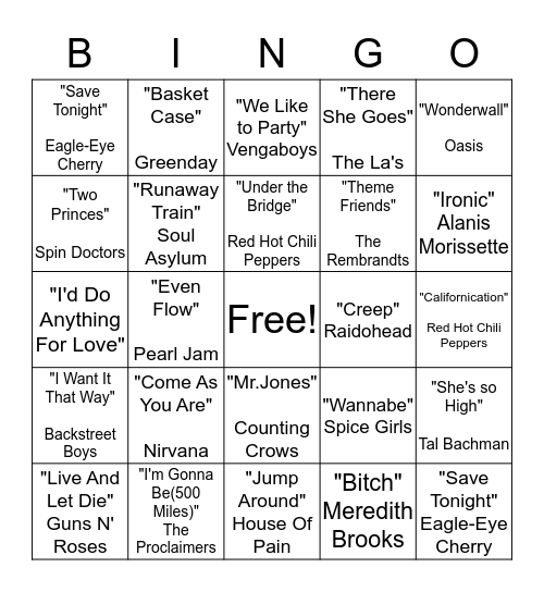 90's Bingo Card