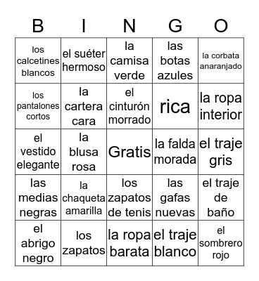 La ropa Bingo Card