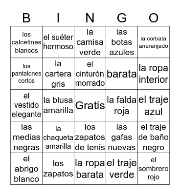 La ropa Bingo Card