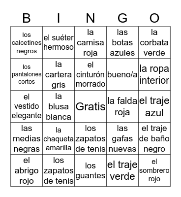 La ropa Bingo Card