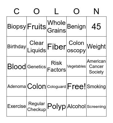 Colonoscopy Bingo Card