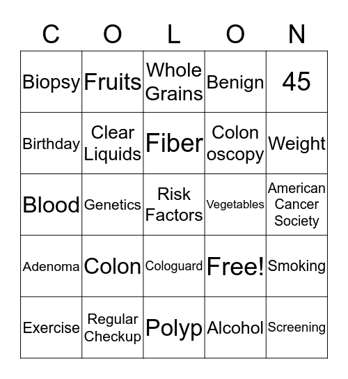 Colonoscopy Bingo Card
