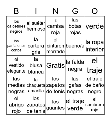 La ropa Bingo Card