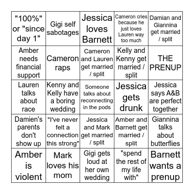 Love is Blind Finale Bingo Card