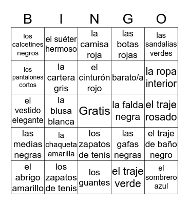 La ropa Bingo Card