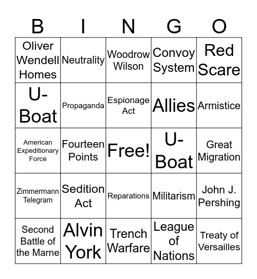 Grade 8 - Chapter 24 - World War I Bingo Card